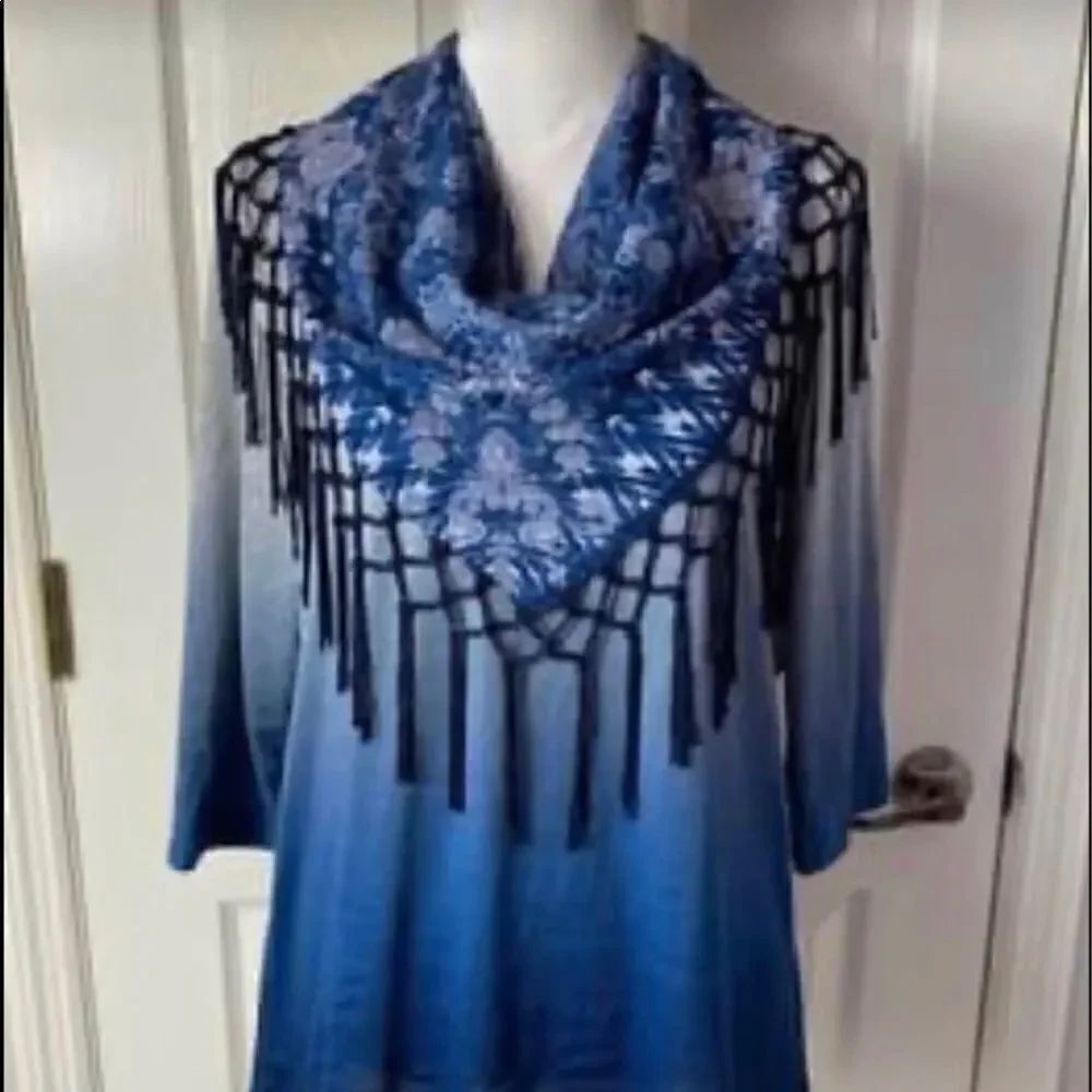 ONE WORLD SMALL Floral Scarf Neck Mid Sleeve Ombré Top